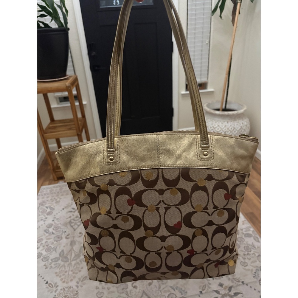 Coach Signature Hearts Tote Gold Leather Trim Red Interior Shoulder Bag - Picture 3 of 9
